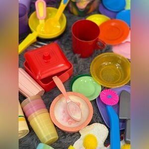 Vintage 1980s Play Kitchenware Set Colorful Toy Dishes Pots Utensils Mixed Lot